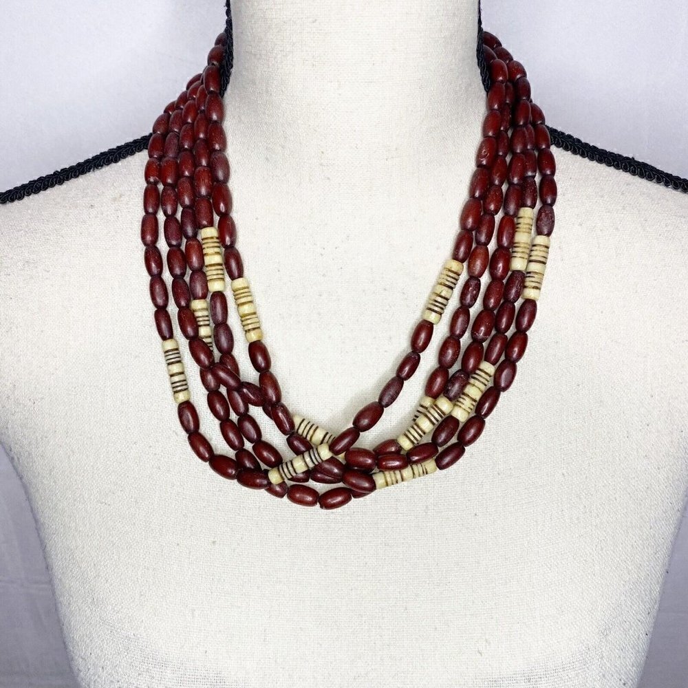 Vintage Multi-Color 5-Strand Artsy Boho Wooden Bead Necklace 20”